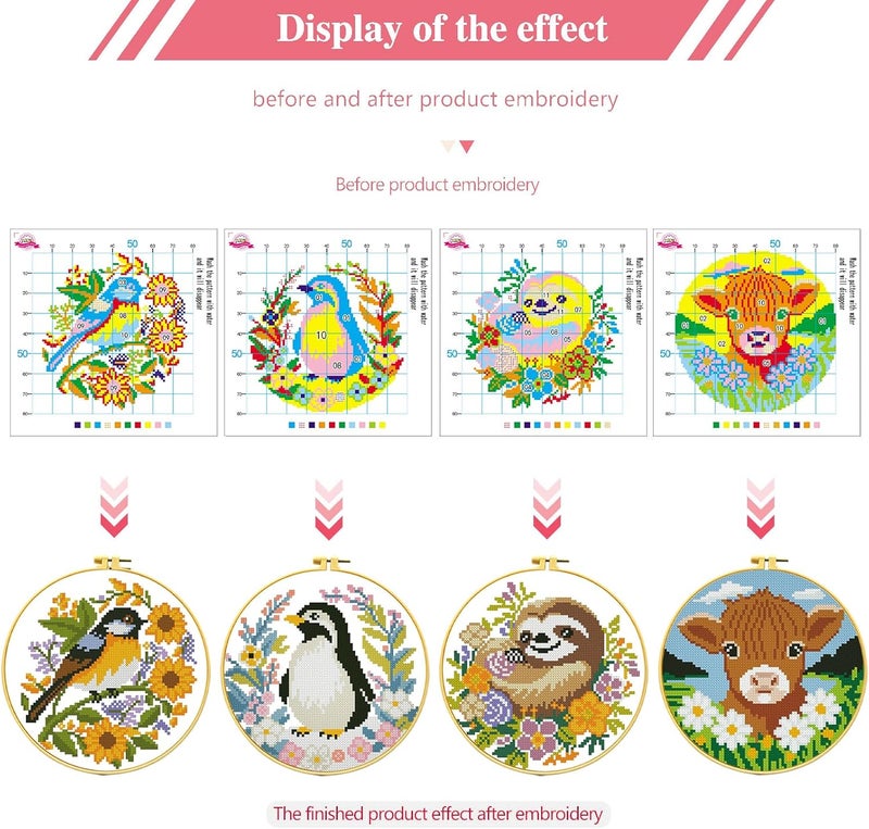 Zhenqing Zhenging Animal Cross Stitch Kit – 4 Pre-Printed Designs (Sloth, Bird, Penguin, Calf) with 11CT 9.45x9.45 Inch Fabric, Hoop, Scissors, Threader & Tools for Beginners & Adults - Image 4